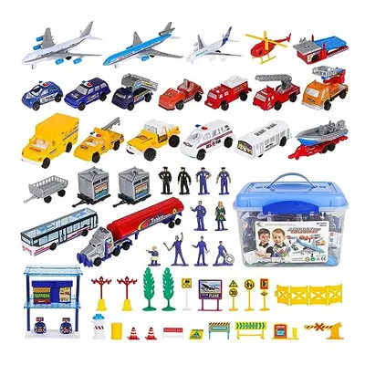 deAO Deluxe 55-Piece Kids Commercial Airport Set in Storage Bucket with Toy Airplanes, Play Vehi