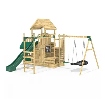 Rebo Modular Wooden Climbing Frame Playset - M25 Swings, Monkey Bars & Den