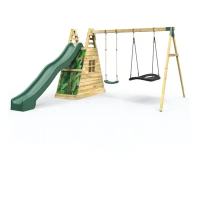 (Rainbow) Rebo Wooden Pyramid Activity Frame with Swings and 8.7ft Water Slide