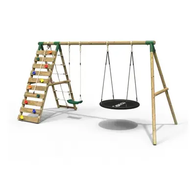 (Vale, Green) Rebo Wooden Swing Set with Up and Over Climbing Wall