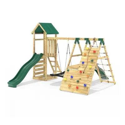 (Crestone Green) Rebo Wooden Climbing Frame with Swings, & 8ft Slides and Climbing Wall