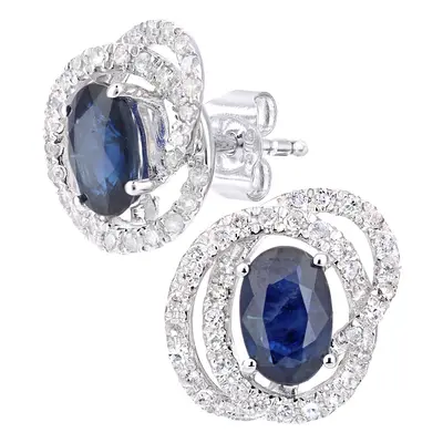 Jewelco London 9ct White Gold Round 1/4ct Diamond Oval 1.2ct Sapphire Cluster Stud Earrings - PE