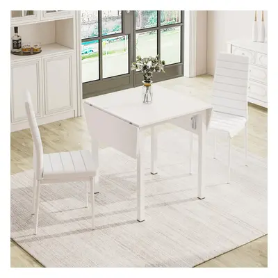 (White, A) JEFFORDOUTLET Dining Table and Set of Chairs, Drop Leaf Kitchen Table With PU Leather