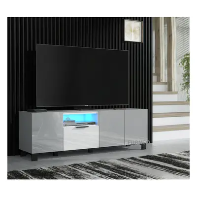 (White LED Lights) Furneo 150cm TV Stand Grey White High Gloss Matt Unit Cabinet LED Lights Enzo