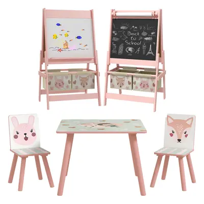 ZONEKIZ Kids Table and Chairs and Kids Easel Set with Storage, Pink