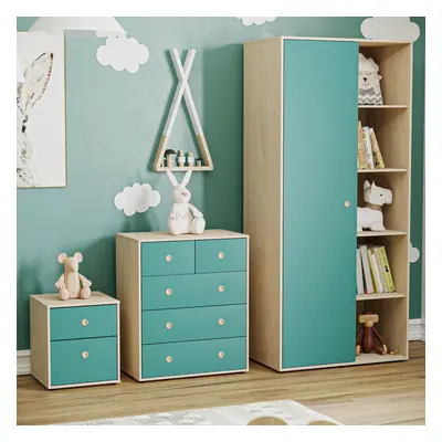 (Teal & Oak) Neptune Piece Bedroom Set Bedside Chest Wardrobe