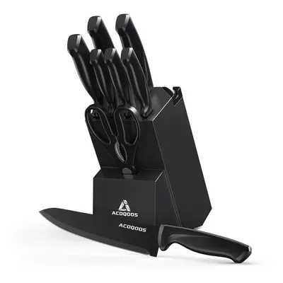 ACOQOOS Knife Set with Block, Piece Stainless Steel Kitchen Knives with Built-in Sharpener for E