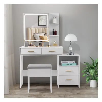 Bedroom Dressing Table W/ Slide LED Mirror Makeup Desk Vanity Table Set & Stool