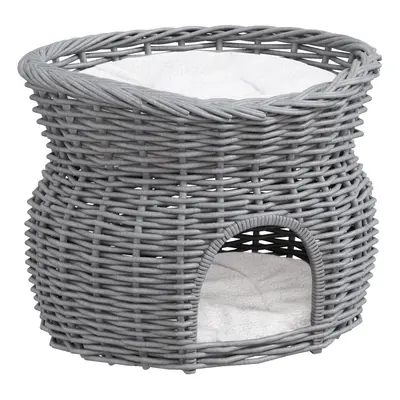 PawHut 2-Tier Elevated Pet Cushion Bed Basket Willow Cat Tree House Condo Kennel