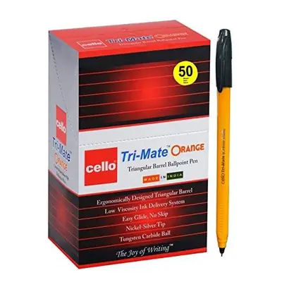 Cello Tri-Mate Orange Ballpoint Pens Medium Point Biro, Black Pens Pack of Smooth Writing