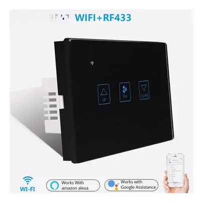 (Black) WiFi+RF433 Smart Fan Speed Control Touch Switch US Standard Deluxe Crystal Panel Switch 