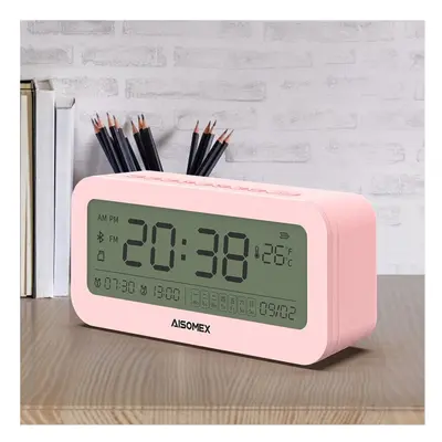 (Pink) Alarm Clock Speaker Bluetooth 5.0 Day Demperature Display Mode Night Light 1800mAh Batter