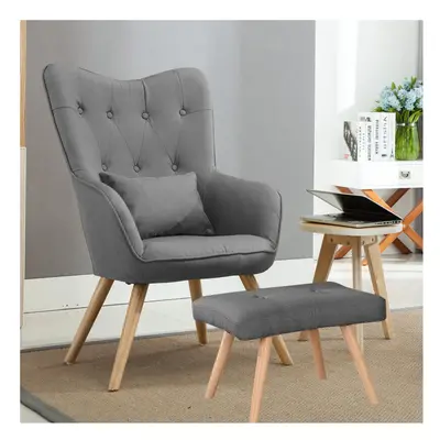 Classic Linen Oak Wood Legs Leisure Armchair with Cushion and Footstool