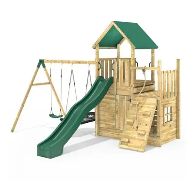 Rebo Modular Wooden Climbing Frame Adventure Playset - M8 plus Ramp & Double Swing