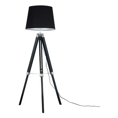 Modern Black Wood and Silver Chrome Tripod Floor Lamp with a Black Tapered Light Shade - Complet