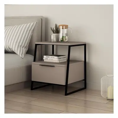 FWStyle Mocha Grey Door Bedside Table Cabinet Modern Black Metal Frame