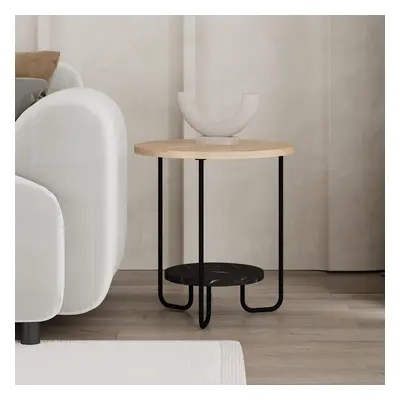 FWStyle Scratch Resistant Tier Side Table Oak & Black Marble Metal Frame