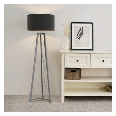 ValueLights Lottie Charcoal Boucle Shade Grey Wood Tripod Floor Lamp