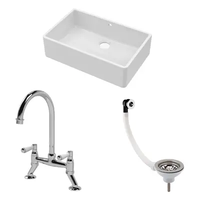 Fireclay Kitchen Bundle - Single Bowl Butler Sink with Overflow, Waste & Bridge Mixer Tap, 595mm