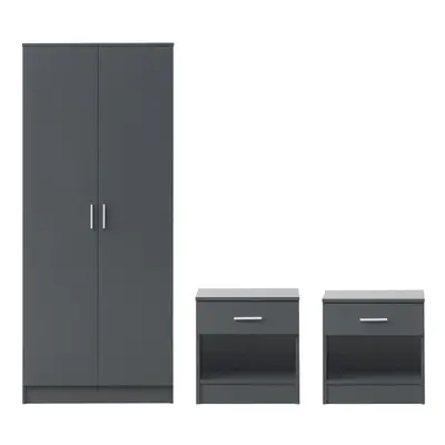 3 Piece Bedroom Furniture Set Wardrobe 2x Bedside Table Dark Grey