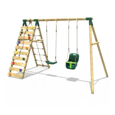 (Kai, Green) Rebo Wooden Swing Set with Up and Over Climbing Wall