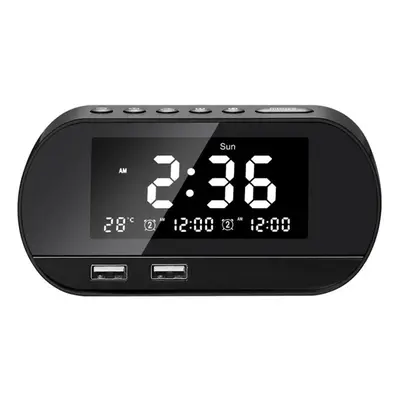 (Black) Dual USB LCD Digital Snooze Sleep Dimmer Alarm Clock For Bedrooms with Fm Radio