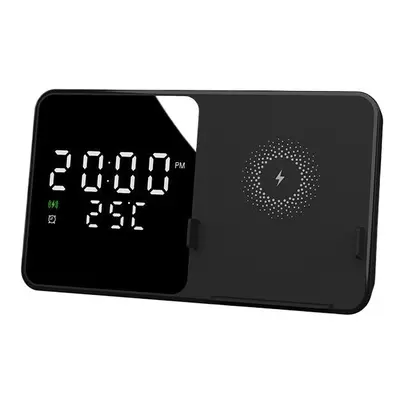 (Black) 15W Wireless Charger & Alarm Clock for iPhone 15, Samsung Z Flip4 - Fast Qi Charging, Te