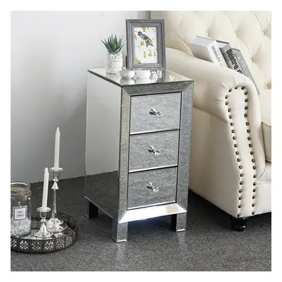 Mirrored Glass Bedside Table Cabinet Drawer Crystal Handles Bedroom Nightstand