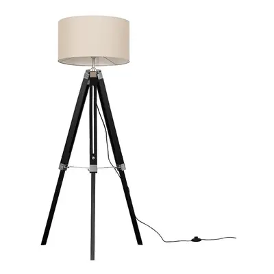 Modern Black Wood and Silver Chrome Tripod Floor Lamp with a Beige Drum Shade