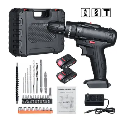 (Two Batteries, US Plug) 25V Cordless Electric Drill Bits Screwdriver Kit Handheld Power Tool + 