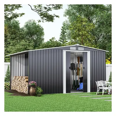 8ft x 6ft Metal Garden Tools Shed With Firewood Log Storage-Dark Grey