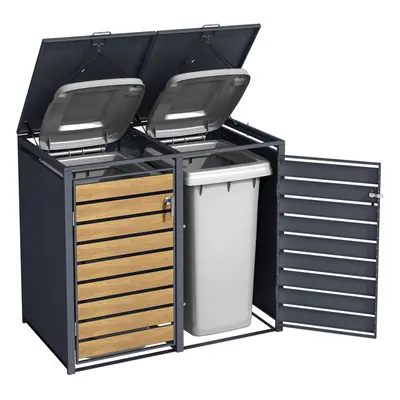 Double Wheelie Bin Steel Storage in Anthracite and Oak Wood Effect