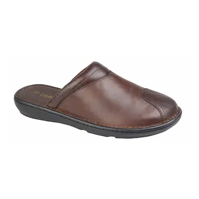 Roamers Mens Leather Clog Mule Slippers Brown UK