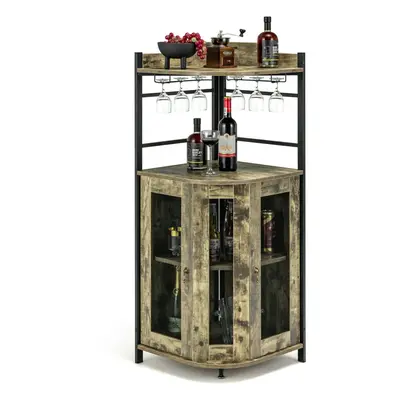 Corner Bar Cabinet Wine Buffet Cabinet with Glass Holder & Mesh Doors