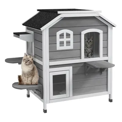 PawHut Wooden Cat House Cat Cave Pet Shelter Condos Outdoor Grey