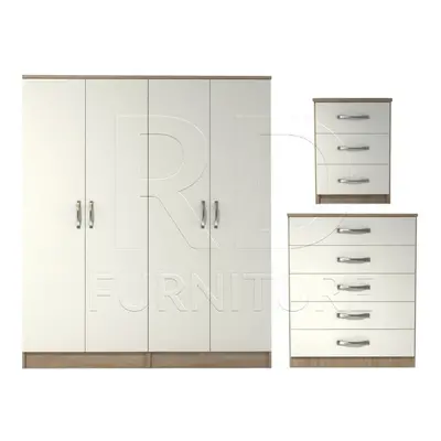 Ready assembled Pcs Classic Door Wardrobe, Chest and Bedside set Oak And White