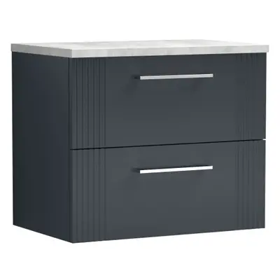 Retro Drawer Wall Hung Vanity Unit with Bellato Grey Laminate Worktop - 600mm - Satin Soft Black