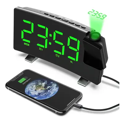 (Green) 8-Inch Projection Alarm Clock: Projector, FM Radio, Snooze, USB Charger & 3-Level Bright