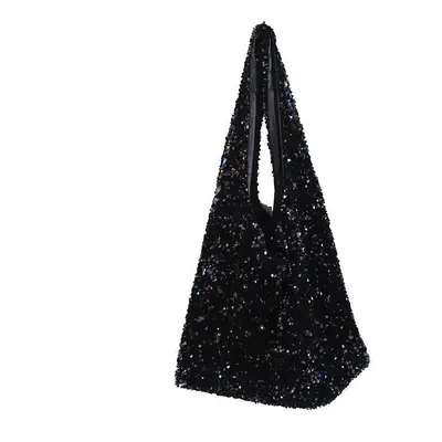 (black) Women Fashion Sequins Shoulder Bag Large Capacity Female Glitter Beaded Tote Handbag Mer