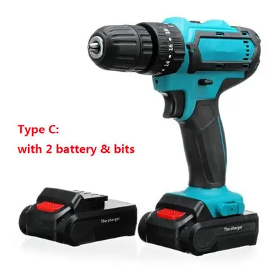 (2 Batteries) 21V Cordless Electric Drill Rechargeable Screwdriver Speed Woodworking Tool