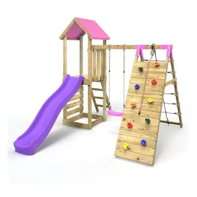 (Bear Pink) Rebo Challenge Wooden Climbing Frame with Swings, Slide and Up & Over Climbing Wall