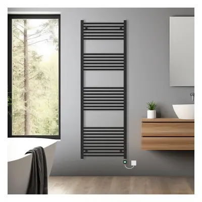 (Black, 1800x600mm) Bathroom Prefilled Electric Heated Towel Rail Straight Radiator Thermo Smart