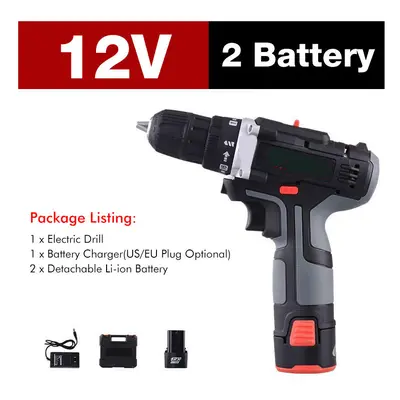 (Two Batteries, US Plug) 7500mAh Speed Electric Drill 25+3 Torque Power Driver Drills Multi-func