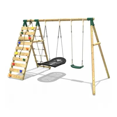 (Sage, Green) Rebo Wooden Swing Set with Up and Over Climbing Wall