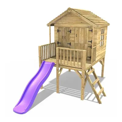 (Nightingale, Purple) Rebo 5FT x 5FT Childrens Wooden Garden Playhouse on Deck with 6ft Slide