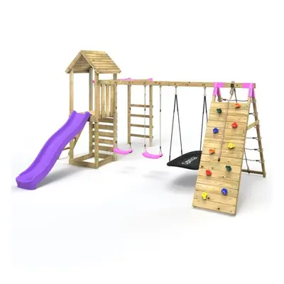 (Pyrennes Pink) Rebo Wooden Climbing Frame with Swings, Slide, Up & over Climbing wall and Monke