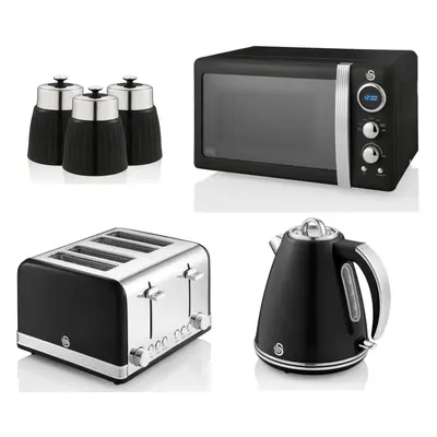 Swan Retro Black Jug Kettle Slice Toaster Microwave & Canisters Set