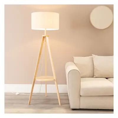 ValueLights Morrigan Linen White Trim Shade Tripod Floor Lamp & Bulb