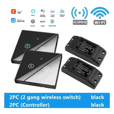 (2pc2 Gang switch+2pc controller black) WiFi Light Switch 220V RF 433MHz With Breakers Remote Co