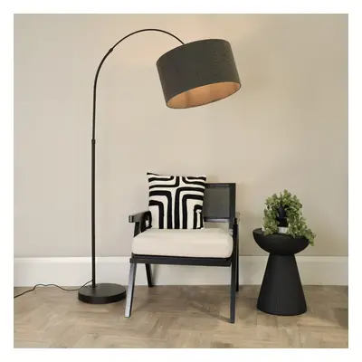 ValueLights Louis Black Arched Floor Lamp with Charcoal Boucle Shade